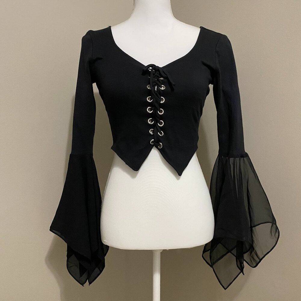 Vintage 1980's Black,  Crop Top With Sheer Bell Sleeves and Lace-up front